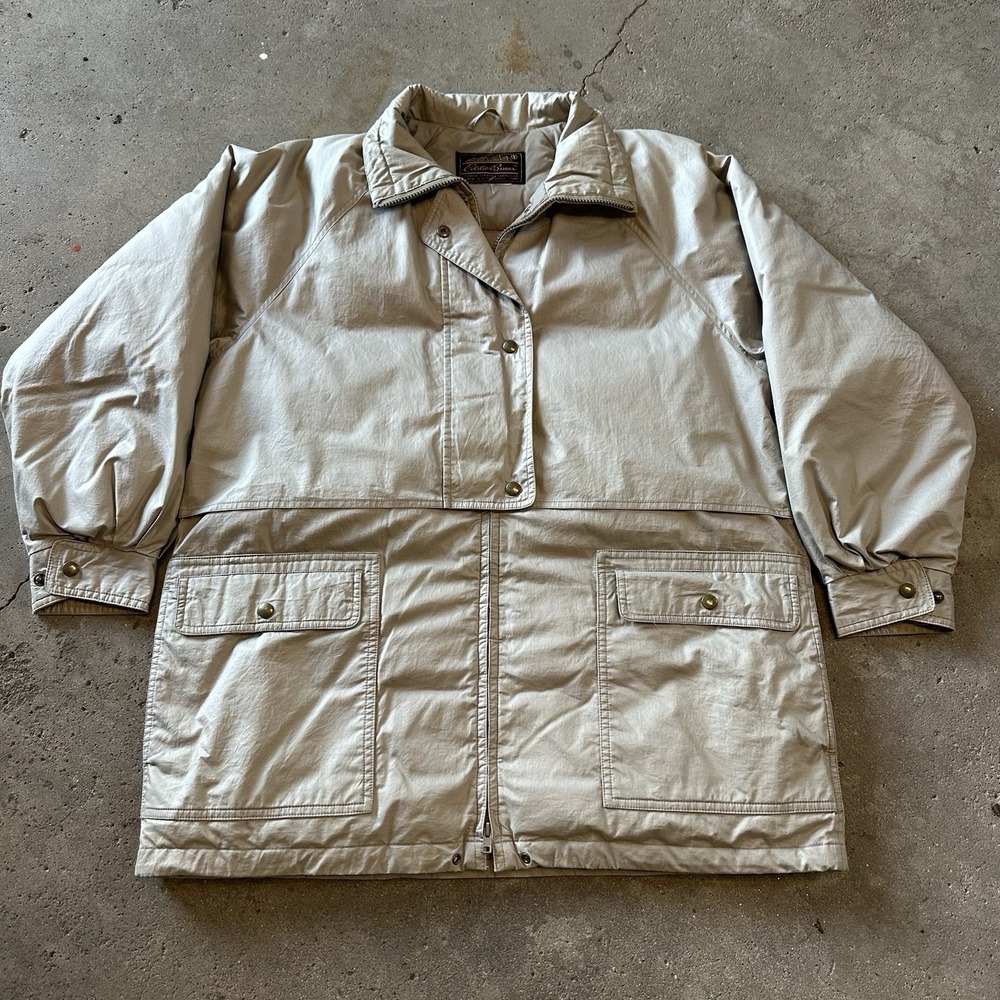 Vintage Mens Eddie Bauer Goose Down Filled Full‎ Zip Beige Winter Chore Parka XL